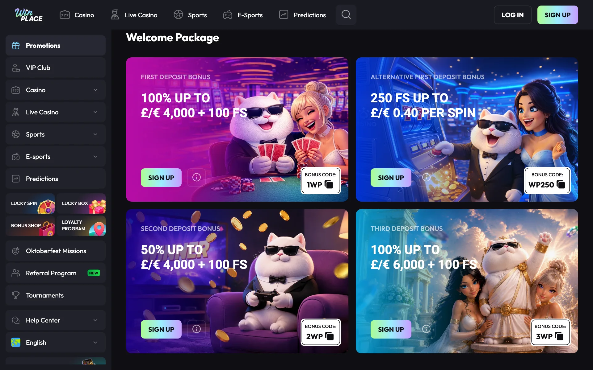 WinPlace welcome package cards with bonus codes 1WP, WP250, 2WP and 3WP