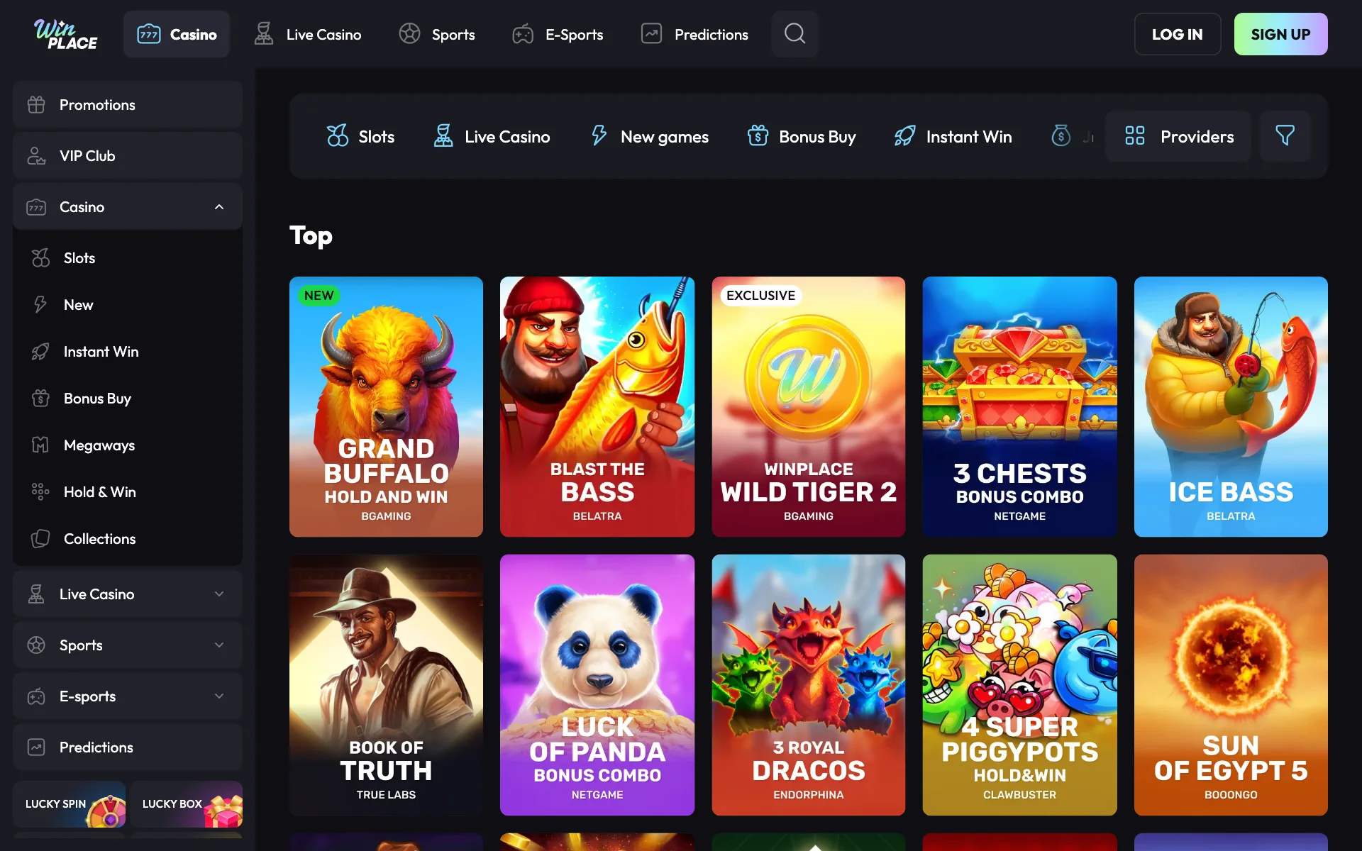 WinPlace casino lobby with the Top games row and category tabs